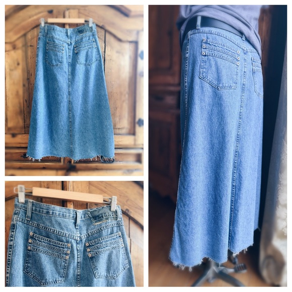 OOAK Artisan Reworked Denim Maxie Skirt | Distressed Jean & Crochet Inserts - Picture 4 of 12